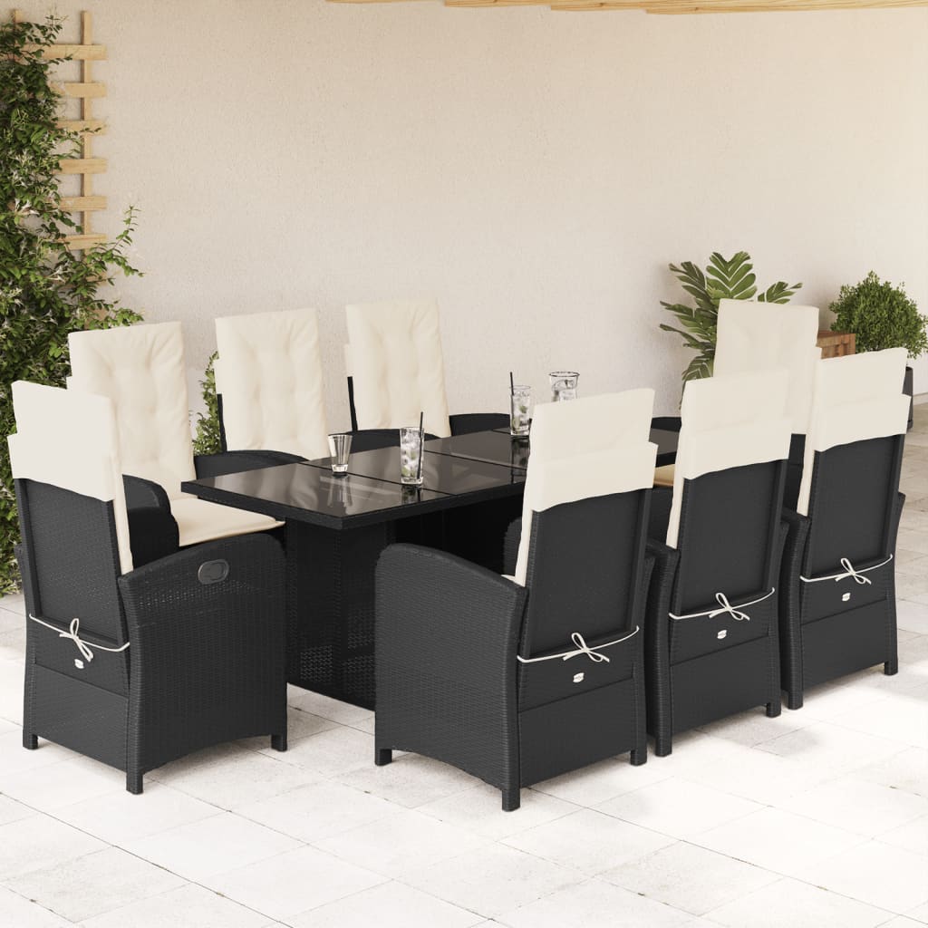 vidaXL 9-tlg. Garten-Essgruppe mit Kissen Schwarz Poly Rattan