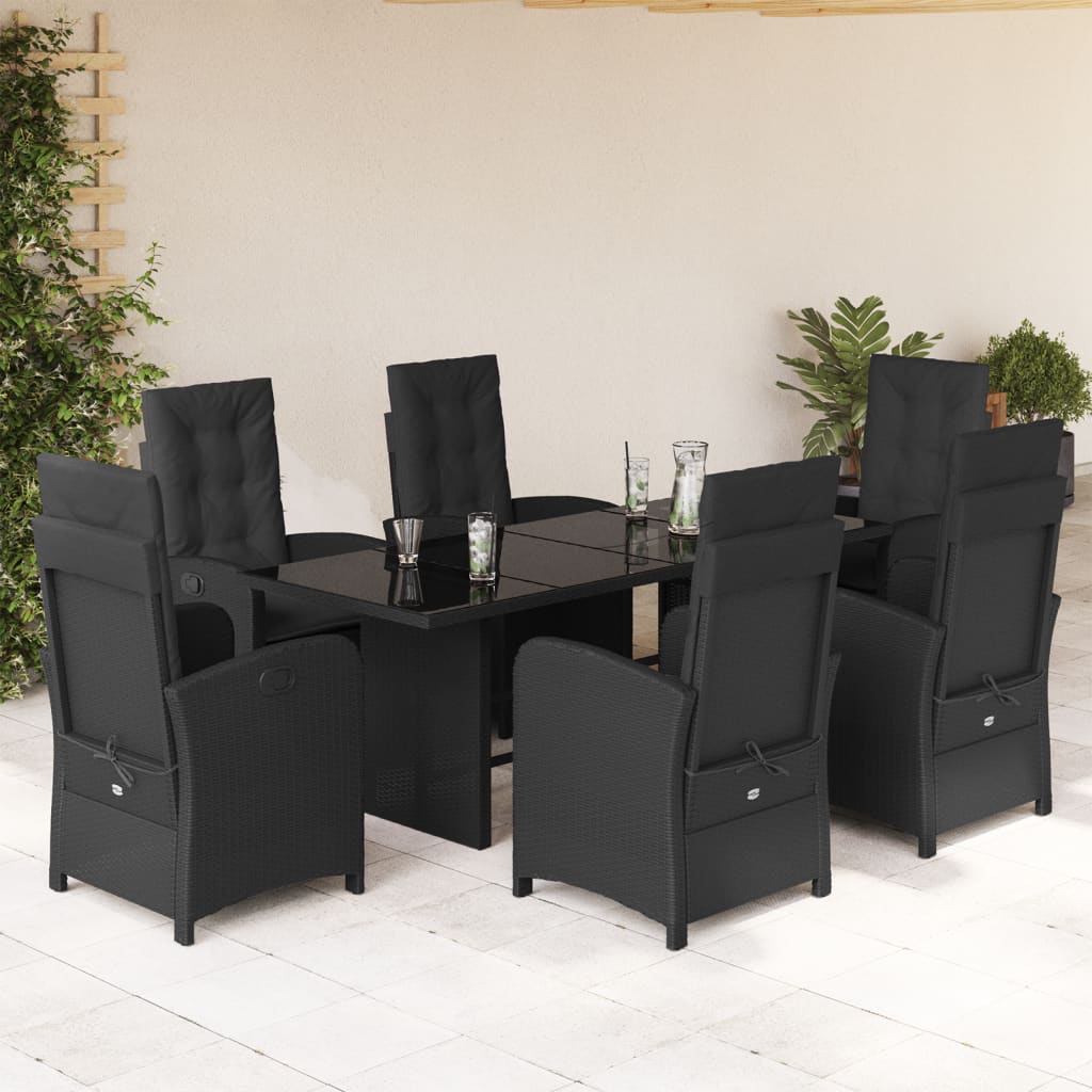 vidaXL 7-tlg. Garten-Essgruppe mit Kissen Schwarz Poly Rattan