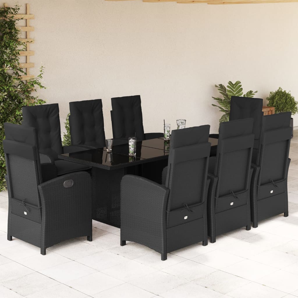 vidaXL 9-tlg. Garten-Essgruppe mit Kissen Schwarz Poly Rattan