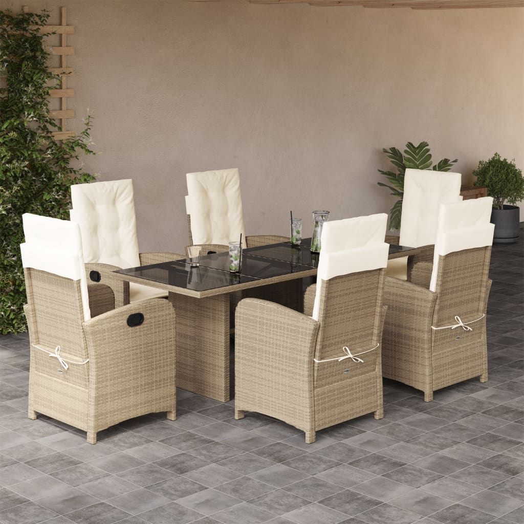 vidaXL 7-tlg. Garten-Essgruppe mit Kissen Beige Poly Rattan