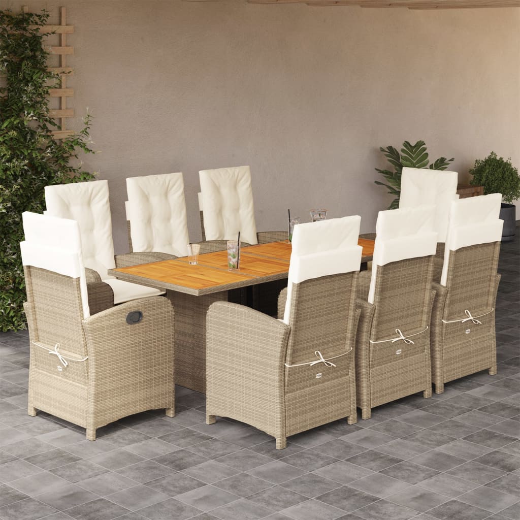 vidaXL 9-tlg. Garten-Essgruppe mit Kissen Beige Poly Rattan