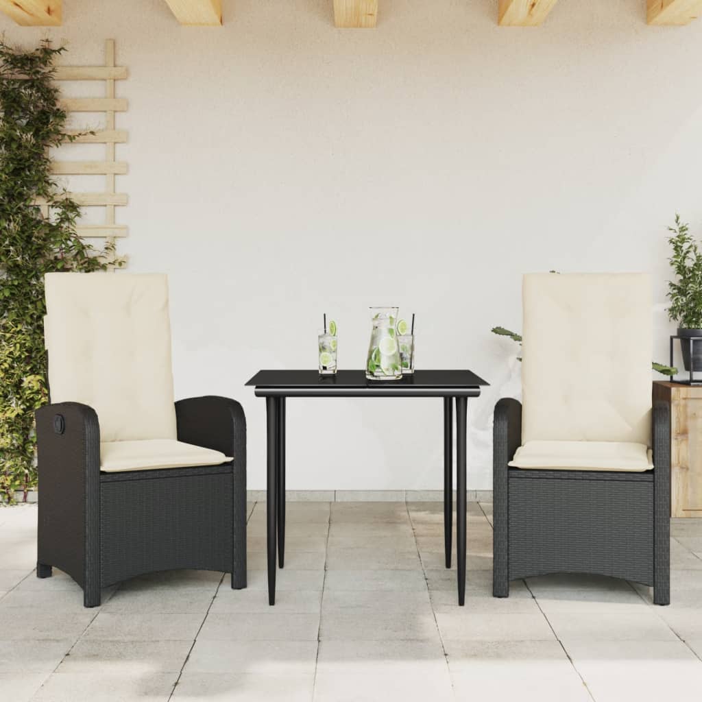 vidaXL Set mobilier de grădină cu perne, 3 piese, negru, poliratan