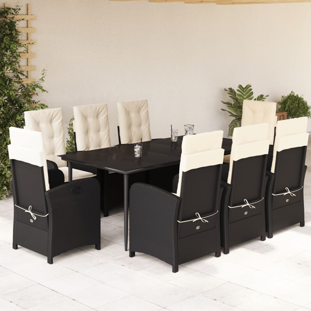 vidaXL 9 pcs conjunto de jantar p/ jardim c/ almofadões vime PE preto