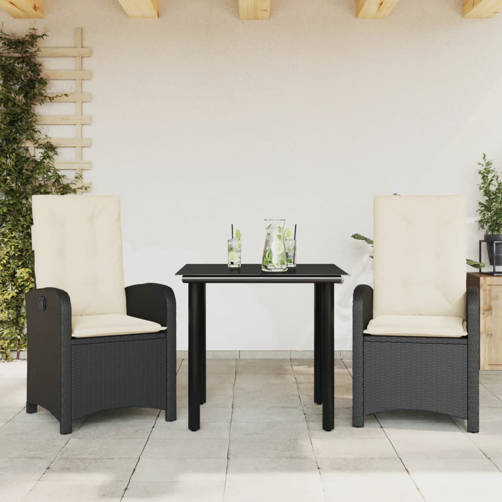 vidaXL Set mobilier de grădină cu perne, 3 piese, negru, poliratan