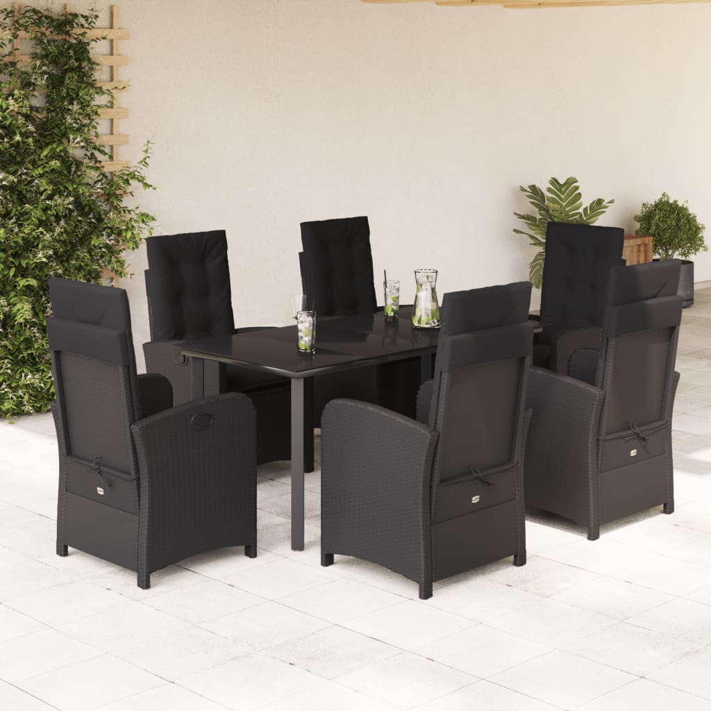 7-tlg. Garten-Essgruppe mit Kissen Schwarz Poly Rattan