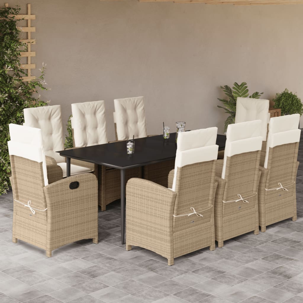 vidaXL Set de masă pentru grădină, 9 piese, cu perne, bej, poliratan