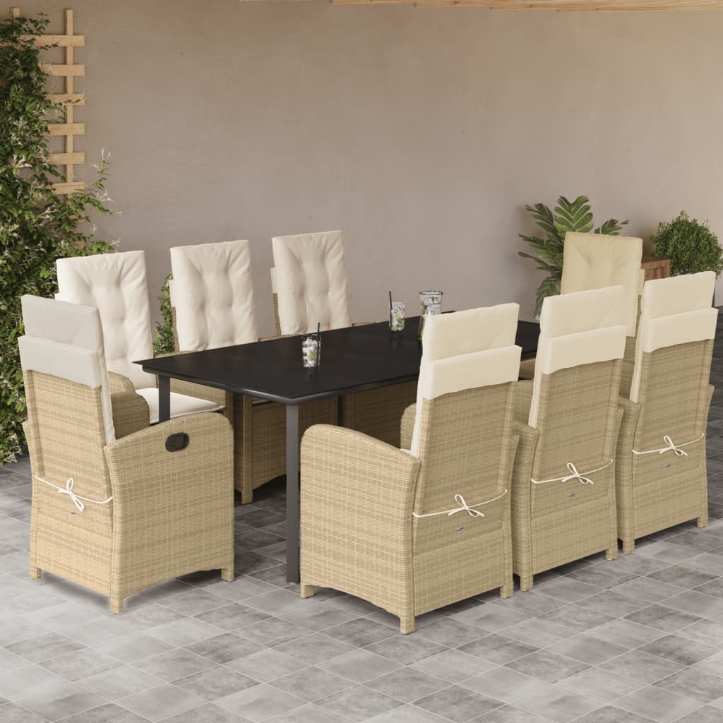 vidaXL Set de masă pentru grădină, 9 piese, cu perne, bej, poliratan