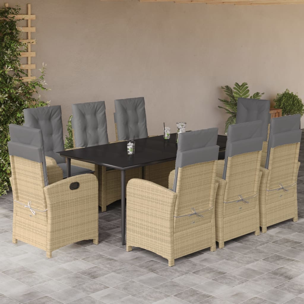 vidaXL Set de masă pentru grădină, 9 piese, cu perne, bej, poliratan