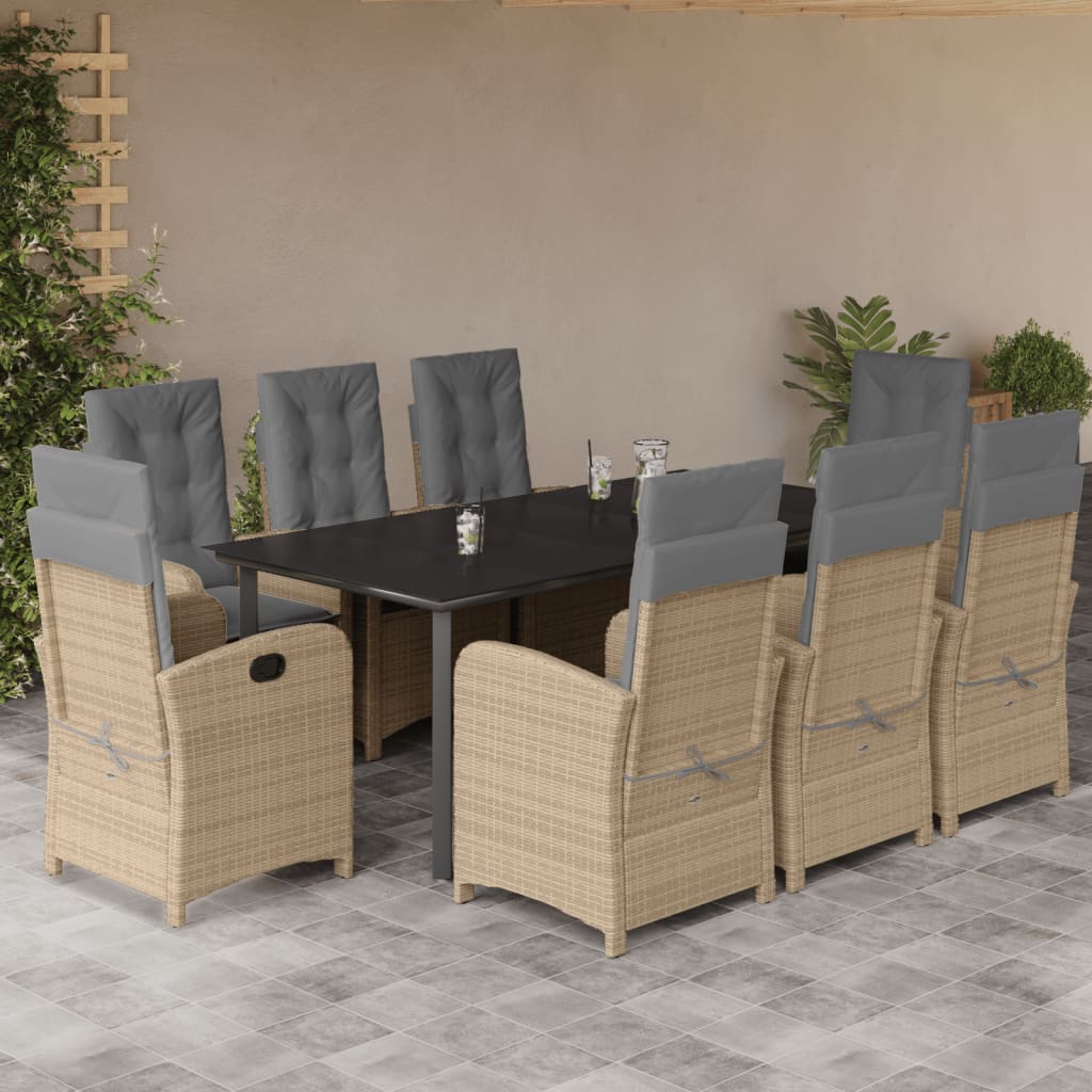 vidaXL Set de masă pentru grădină, 9 piese, cu perne, bej, poliratan