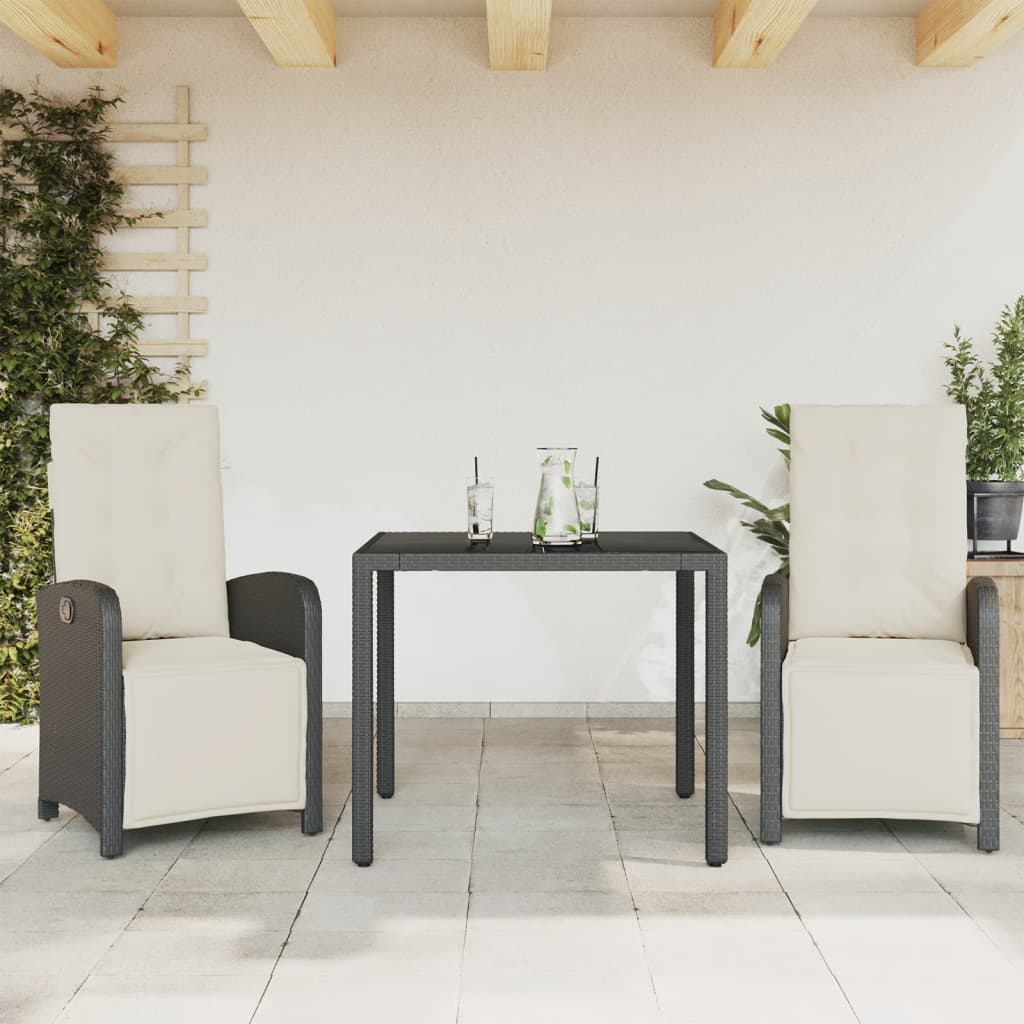 3-tlg. Bistro-Set mit Kissen Schwarz Poly Rattan