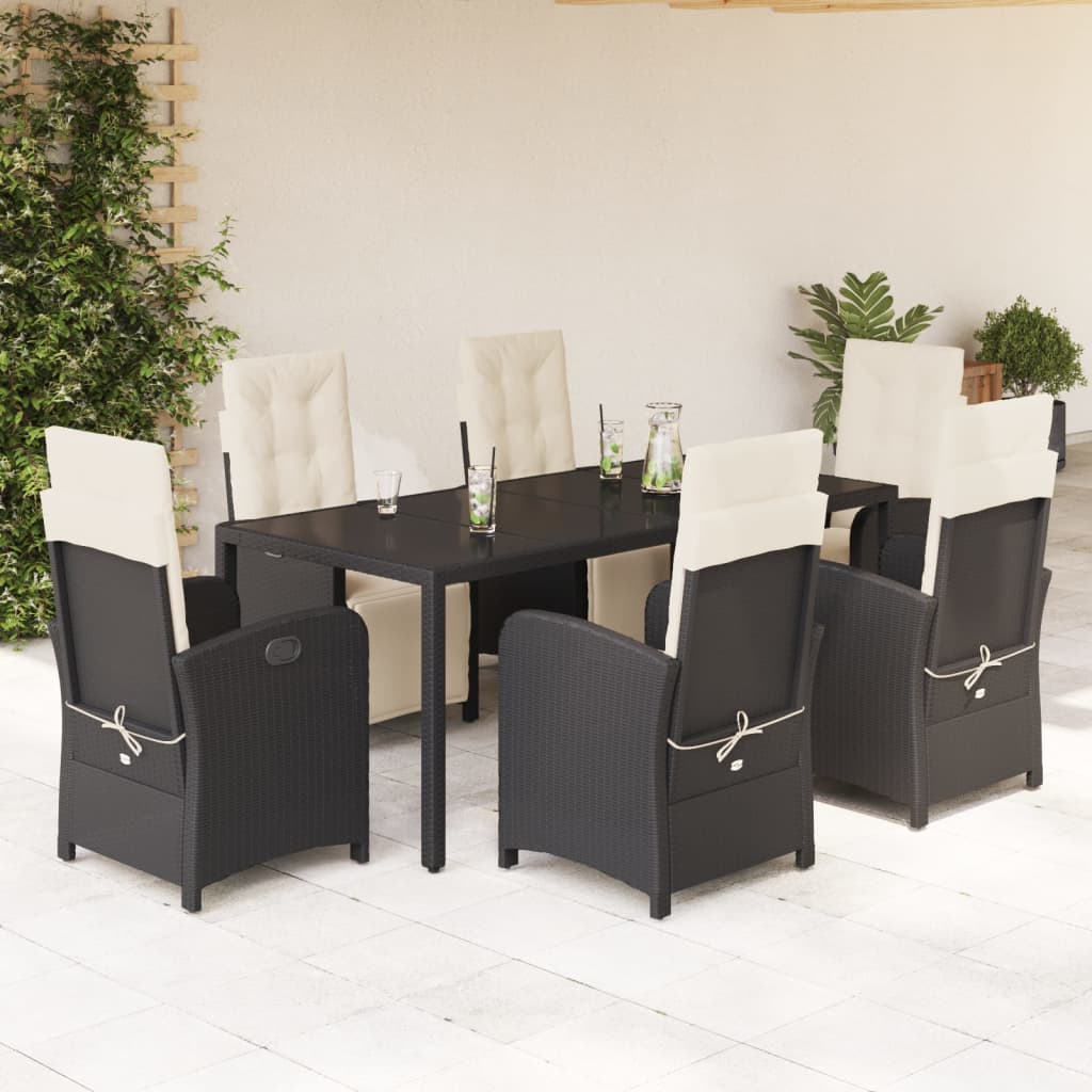 vidaXL 7-tlg. Garten-Essgruppe mit Kissen Schwarz Poly Rattan