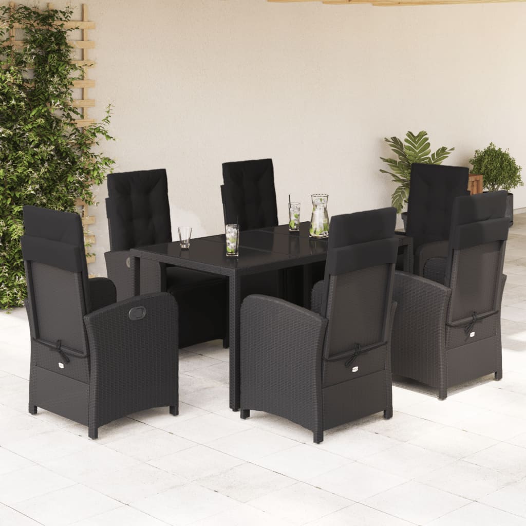 7-tlg. Garten-Essgruppe mit Kissen Schwarz Poly Rattan