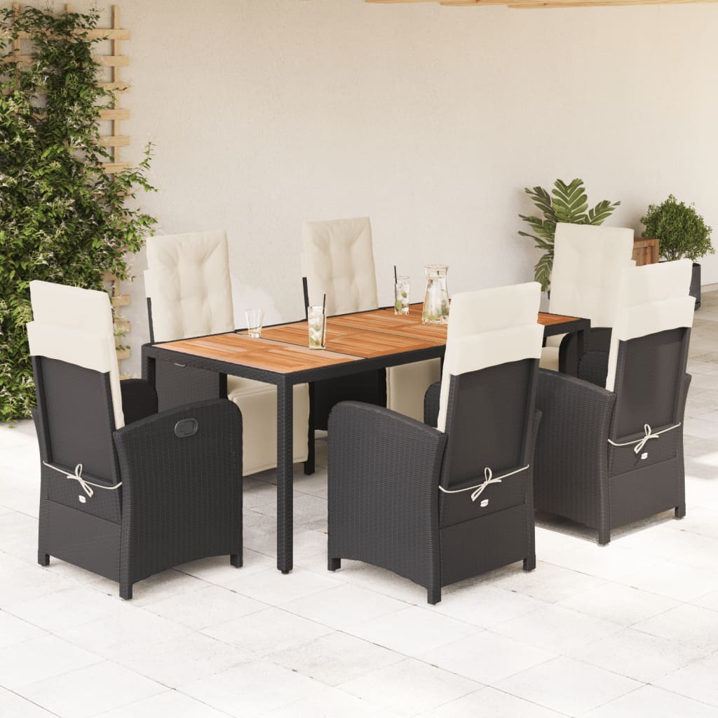 vidaXL 7-tlg. Garten-Essgruppe mit Kissen Schwarz Poly Rattan