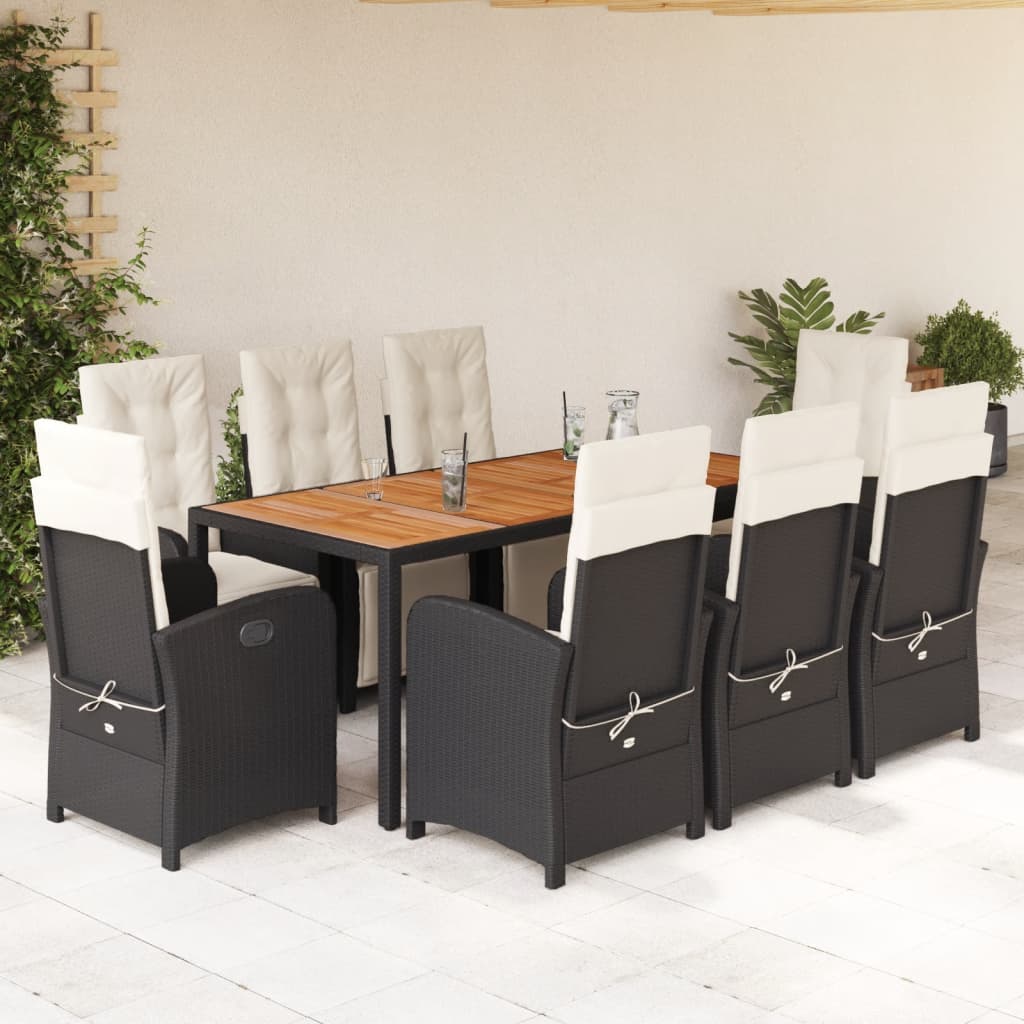 vidaXL 9-tlg. Garten-Essgruppe mit Kissen Schwarz Poly Rattan