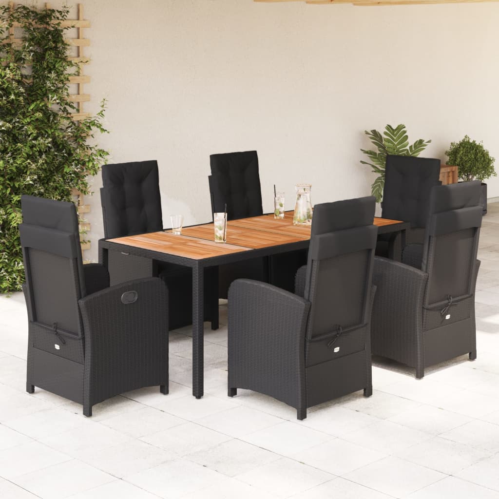 vidaXL 7-tlg. Garten-Essgruppe mit Kissen Schwarz Poly Rattan