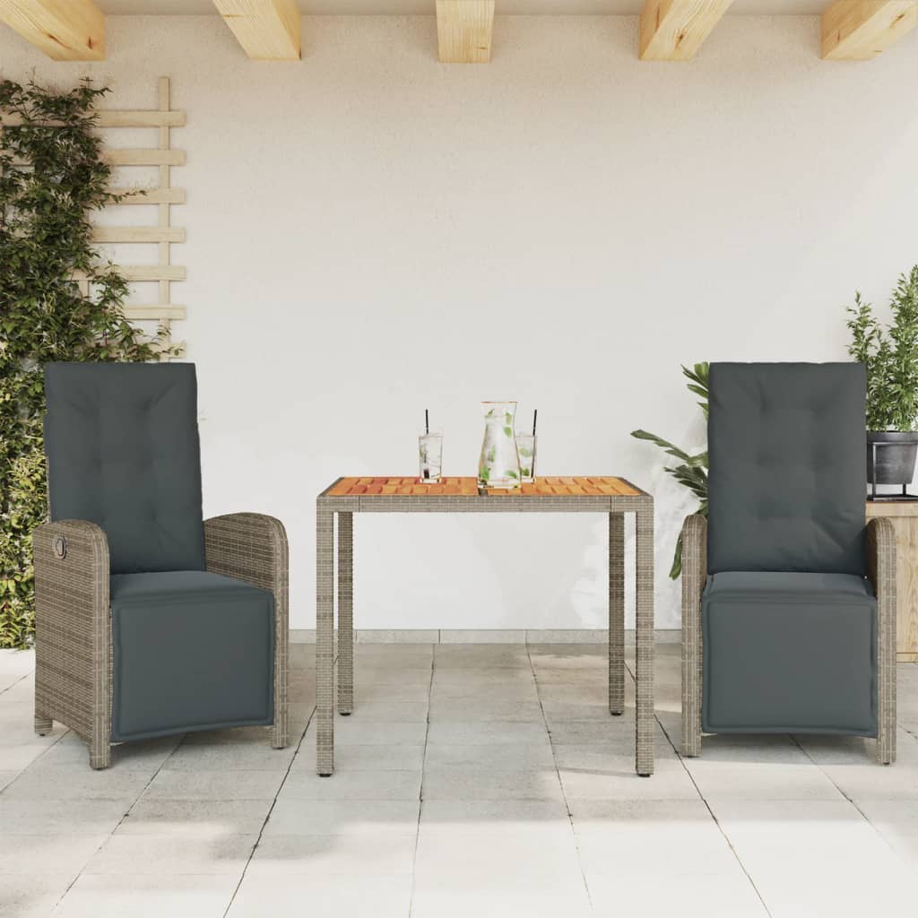 vidaXL 3-tlg. Bistro-Set mit Kissen Grau Poly Rattan