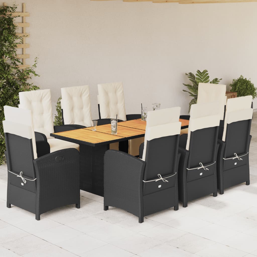 vidaXL 9-tlg. Garten-Essgruppe mit Kissen Schwarz Poly Rattan