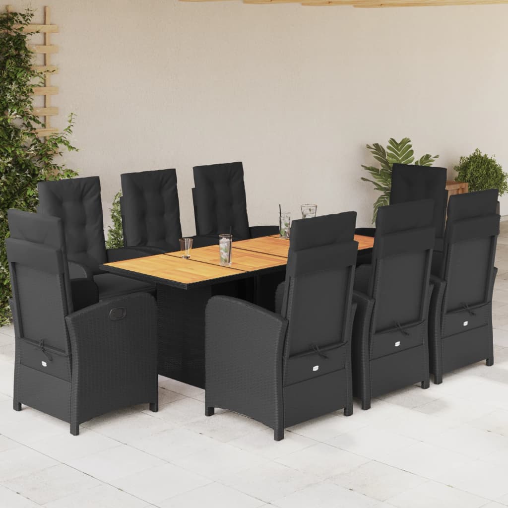 vidaXL 9-tlg. Garten-Essgruppe mit Kissen Schwarz Poly Rattan