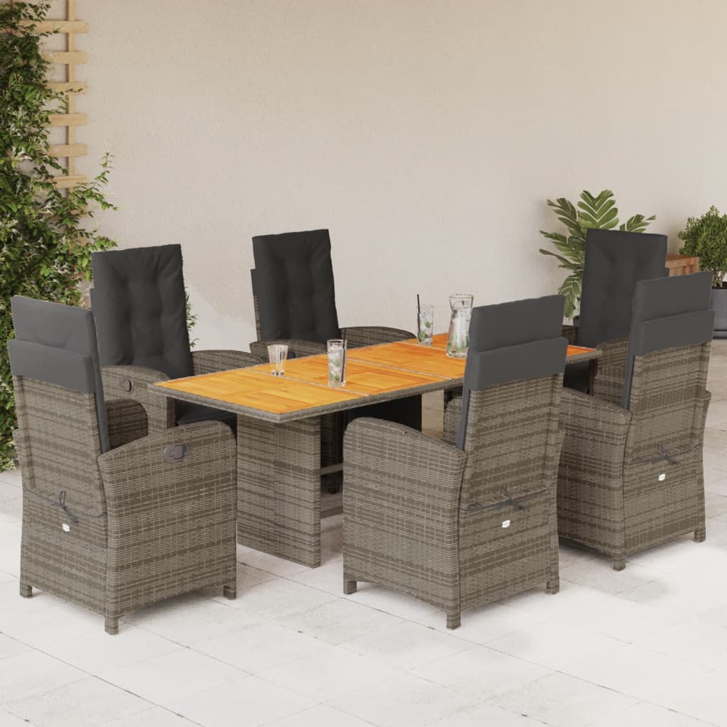 vidaXL 7-tlg. Garten-Essgruppe mit Kissen Grau Poly Rattan