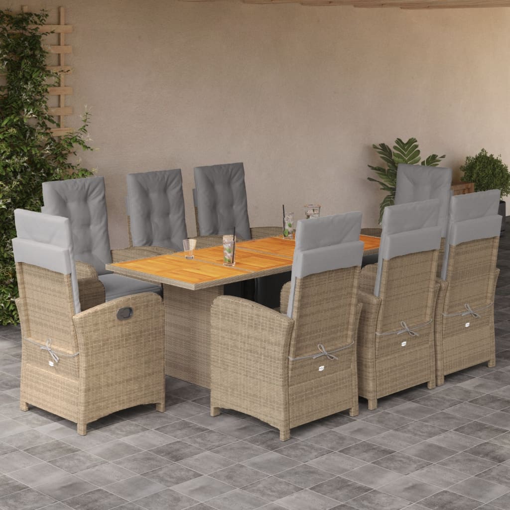 vidaXL 9-tlg. Garten-Essgruppe mit Kissen Beige Poly Rattan