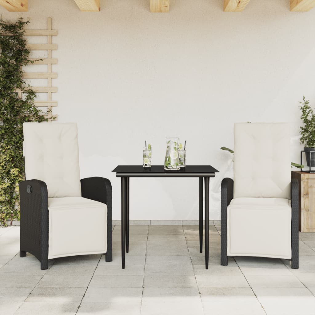 3-tlg. Bistro-Set mit Kissen Schwarz Poly Rattan