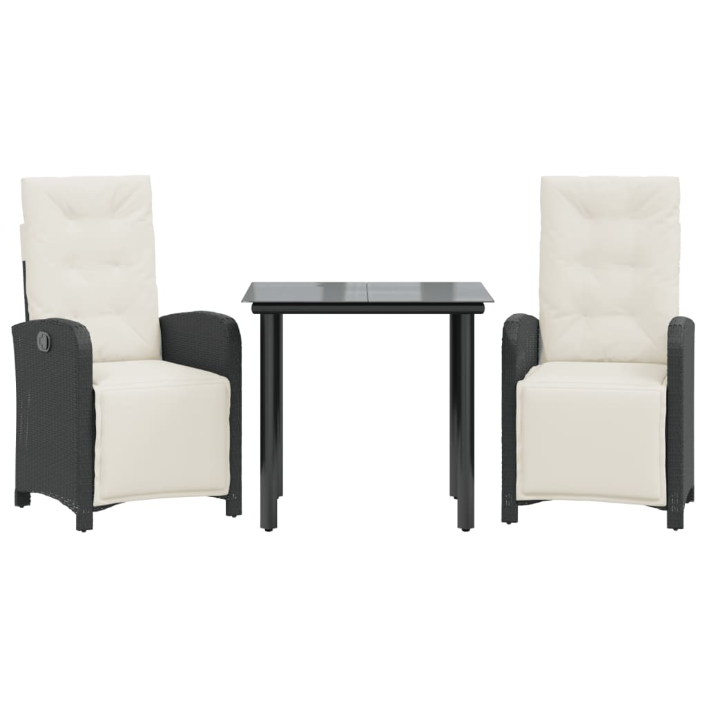 vidaXL Set bistro cu perne, 3 piese, negru, poliratan