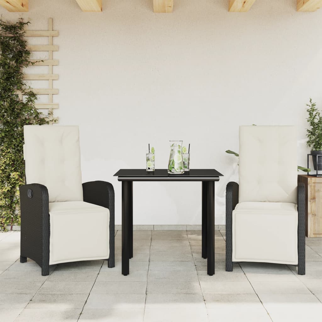 vidaXL Set bistro cu perne, 3 piese, negru, poliratan