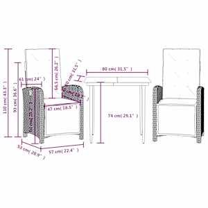 3dílný bistro set s poduškami černý polyratan - obrázek 9