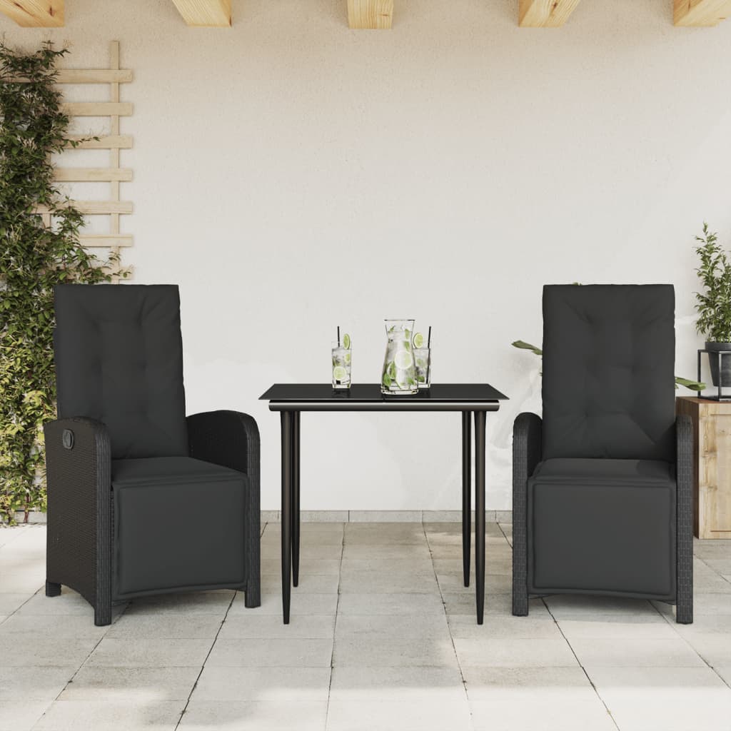 vidaXL Set bistro cu perne, 3 piese, negru, poliratan