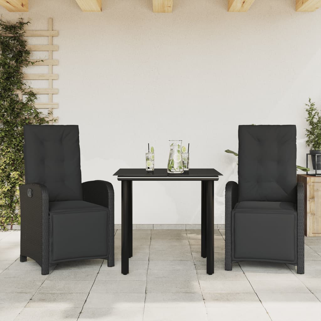 vidaXL Set bistro cu perne, 3 piese, negru, poliratan