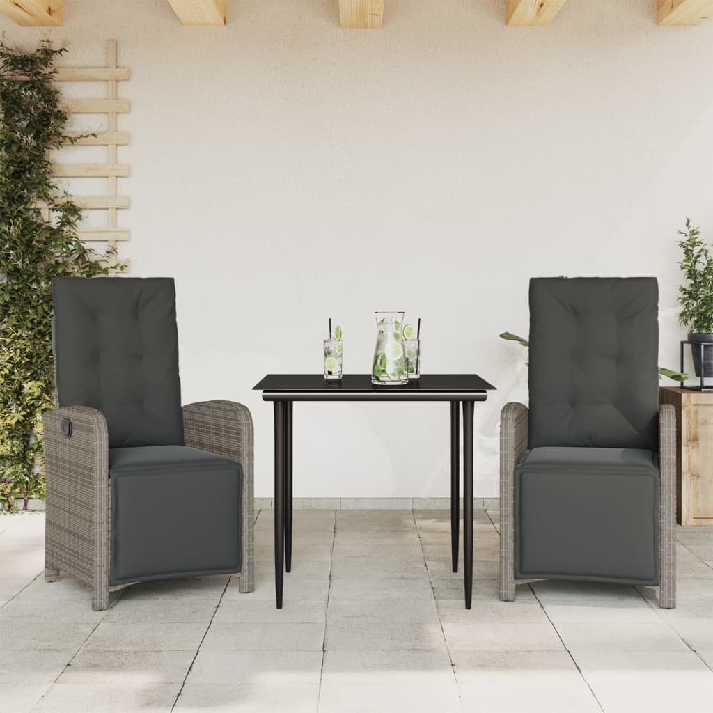 3-tlg. Bistro-Set mit Kissen Grau Poly Rattan