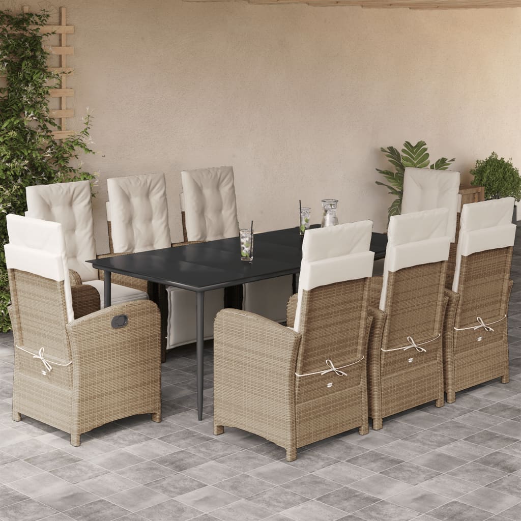 vidaXL Set de masă pentru grădină, 9 piese, cu perne, bej, poliratan