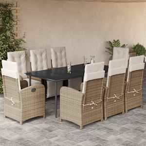 Vrtna jedilna garnitura 9-delna z blazinami bež poli ratan