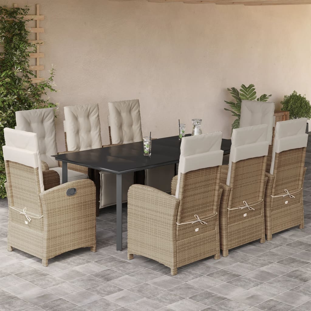 vidaXL Set de masă pentru grădină, 9 piese, cu perne, bej, poliratan