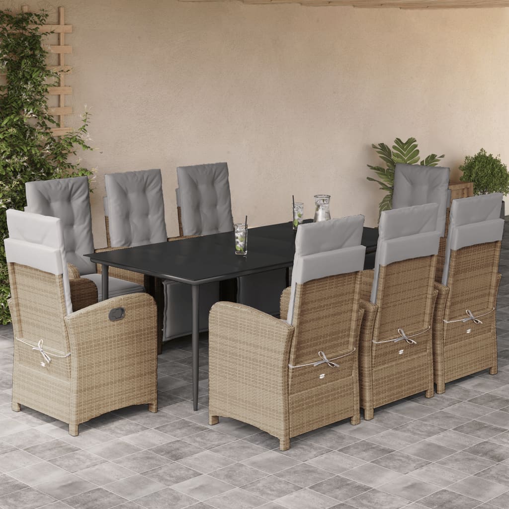 vidaXL Set de masă pentru grădină, 9 piese, cu perne, bej, poliratan