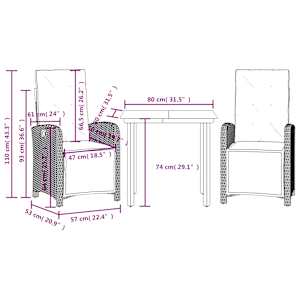 3dílný bistro set s poduškami světle šedý polyratan - obrázek 9