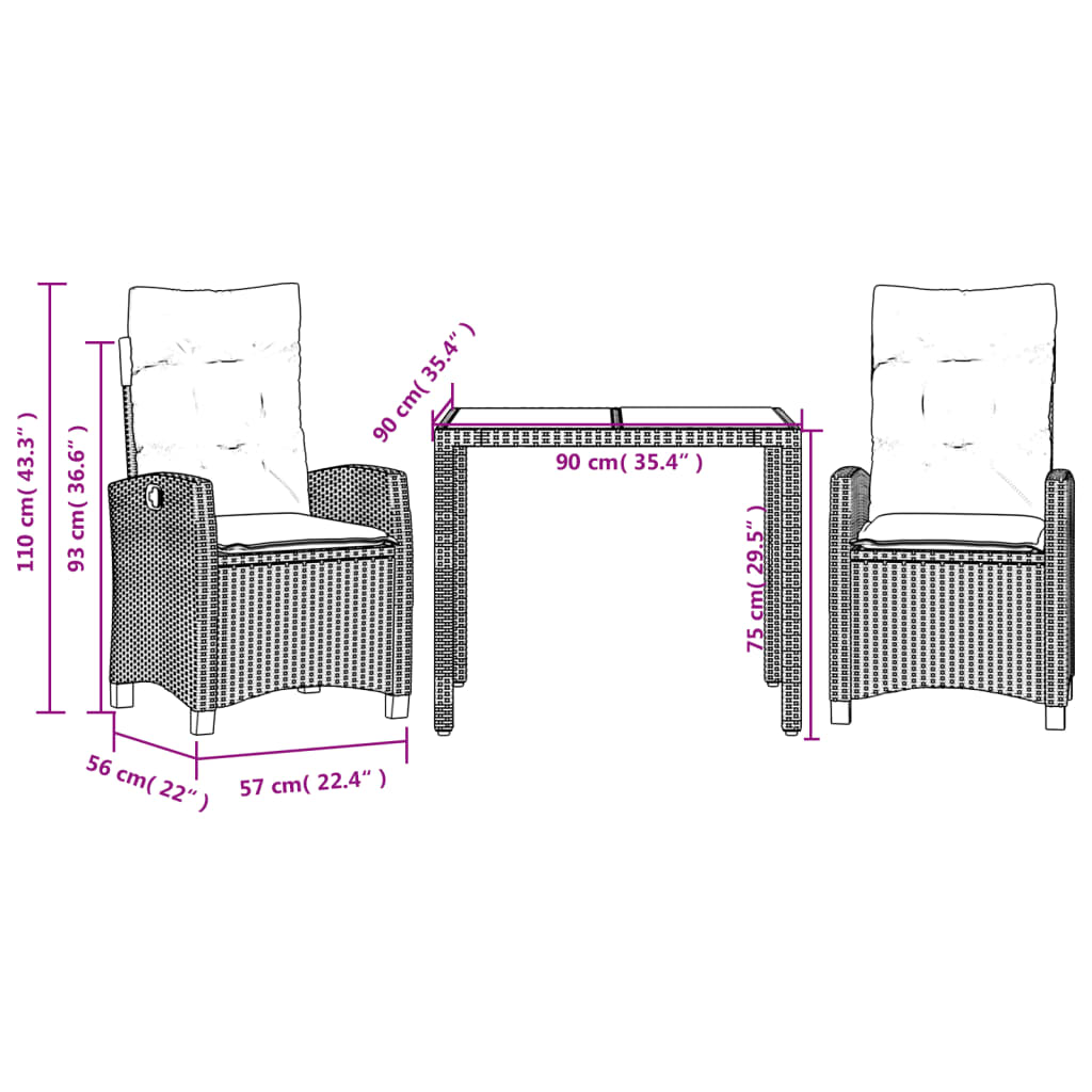 imagem de vidaXL 3 pcs conjunto de jantar p/ jardim c/ almofadões vime PE preto11