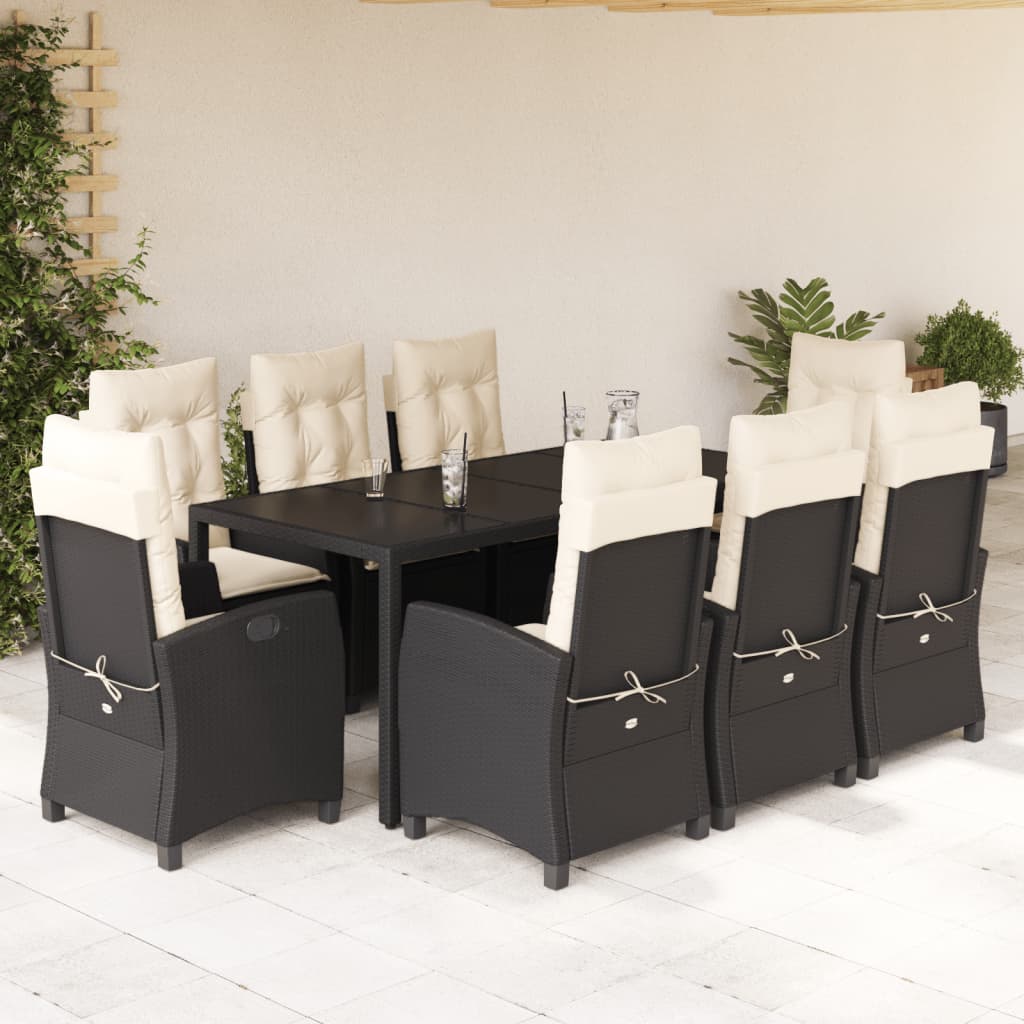 imagem de vidaXL 9 pcs conjunto de jantar p/ jardim c/ almofadões vime PE preto1