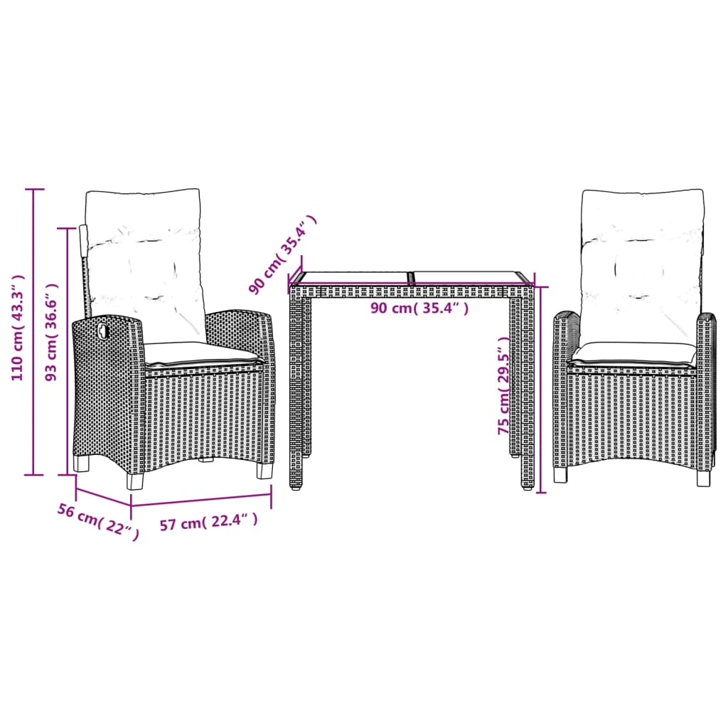 imagem de vidaXL 3 pcs conjunto de jantar p/ jardim c/ almofadões vime PE preto10