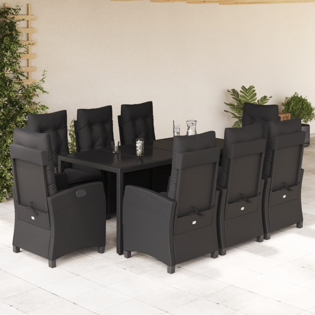 imagem de vidaXL 9 pcs conjunto de jantar p/ jardim c/ almofadões vime PE preto2