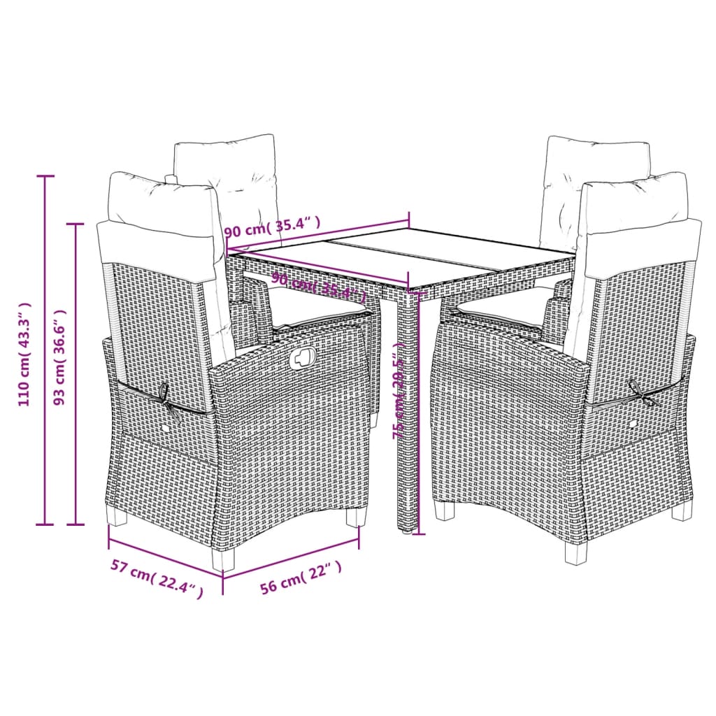 imagem de vidaXL 5 pcs conjunto de jantar p/ jardim c/ almofadões vime PE cinza10