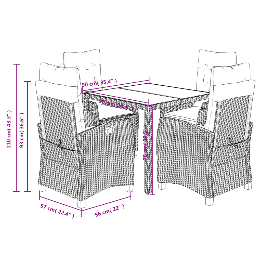 imagem de vidaXL 5 pcs conjunto de jantar p/ jardim c/ almofadões vime PE cinza11