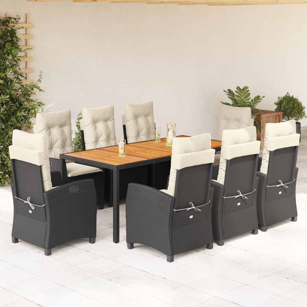 vidaXL 9-tlg. Garten-Essgruppe mit Kissen Schwarz Poly Rattan