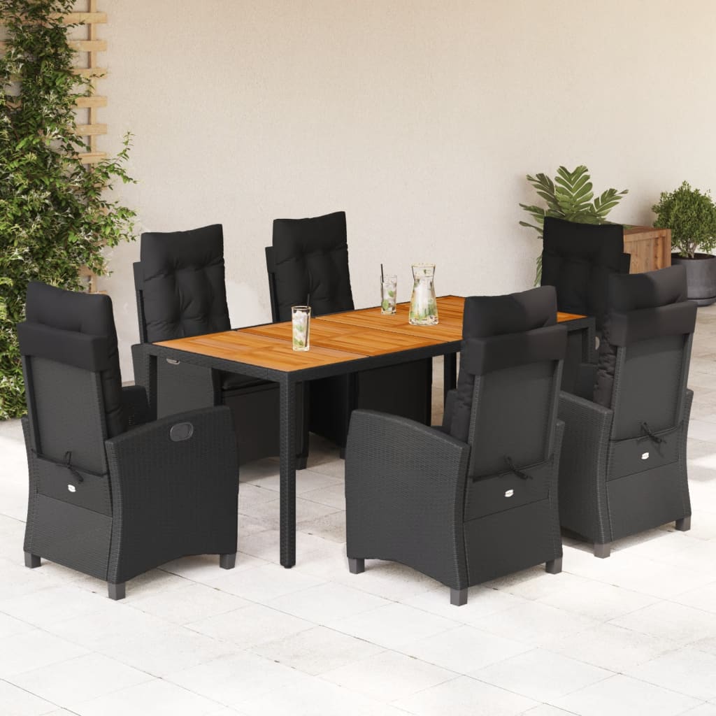 vidaXL 7-tlg. Garten-Essgruppe mit Kissen Schwarz Poly Rattan