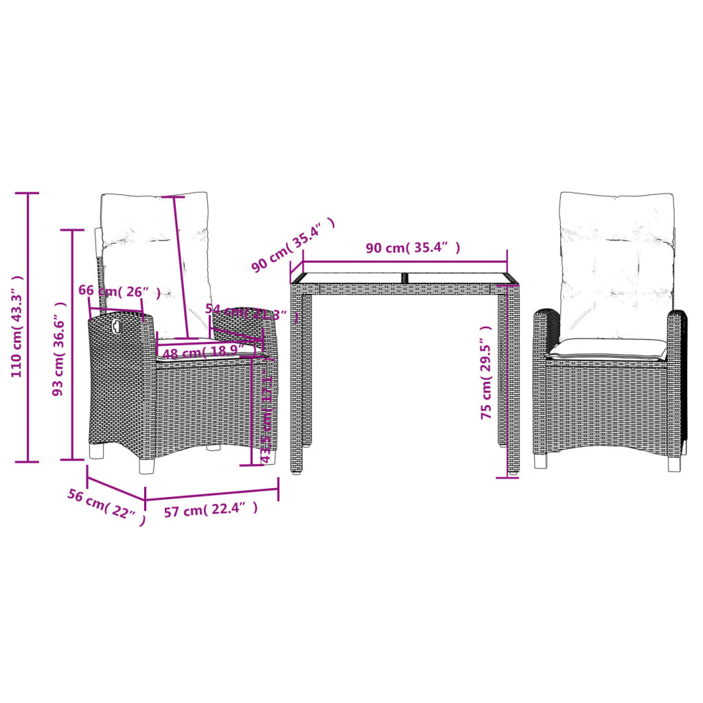 imagem de vidaXL 3 pcs conjunto de jantar p/ jardim c/ almofadões vime PE cinza10