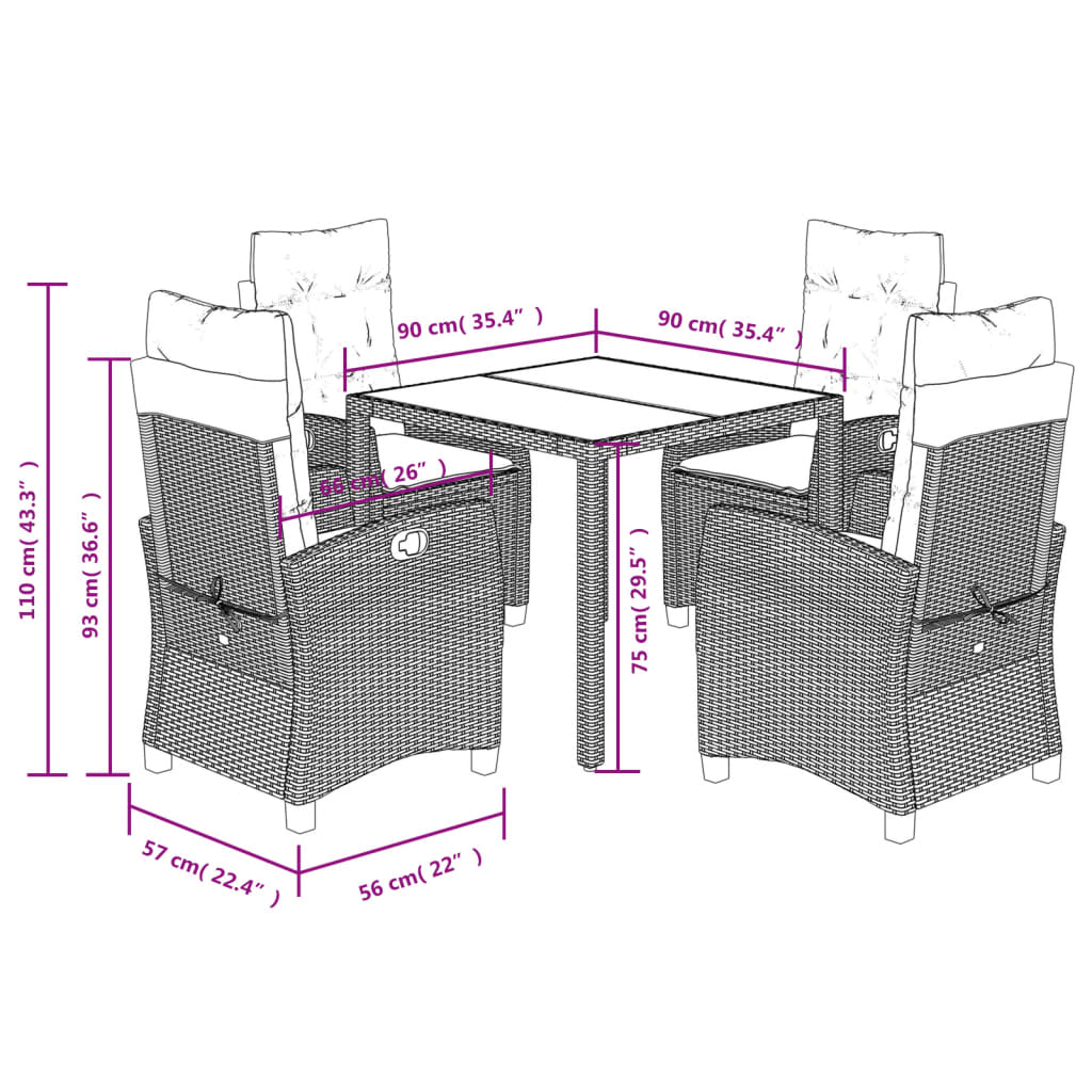 imagem de vidaXL 5 pcs conjunto de jantar p/ jardim c/ almofadões vime PE cinza10