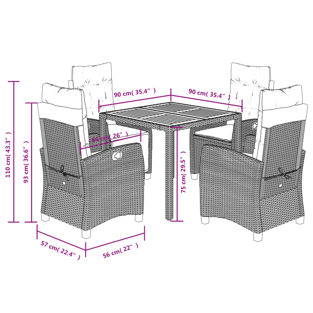 imagem de vidaXL 5 pcs conjunto de jantar p/ jardim c/ almofadões vime PE cinza11