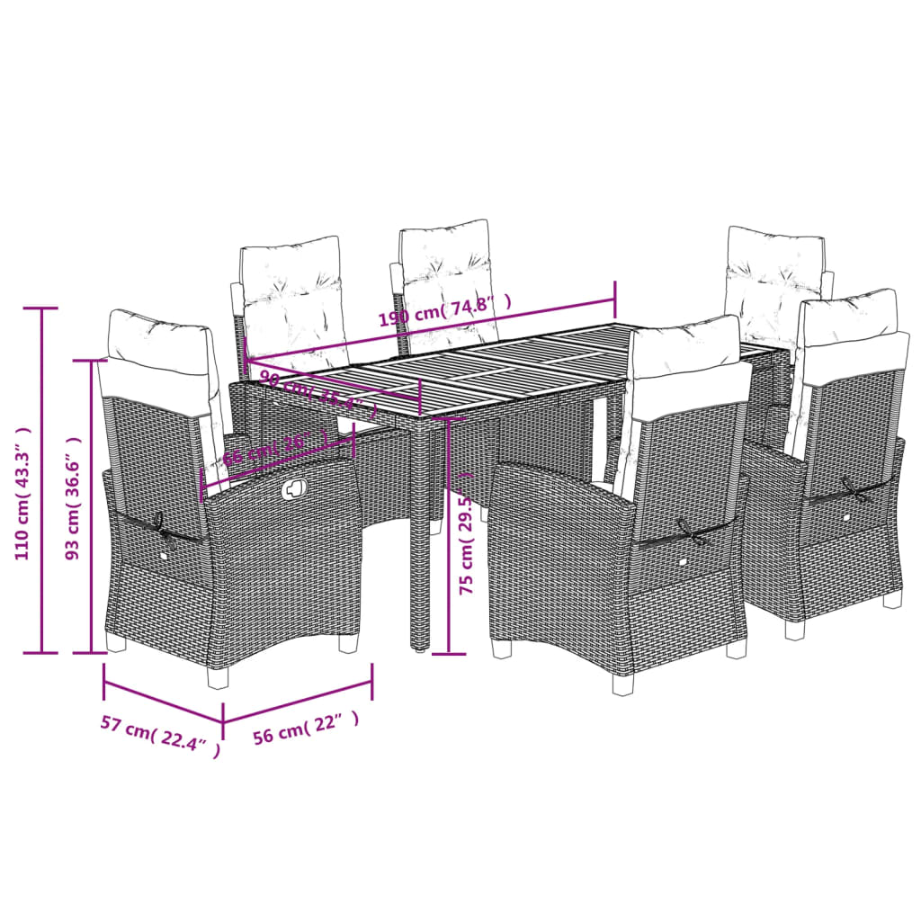 imagem de vidaXL 7 pcs conjunto de jantar p/ jardim c/ almofadões vime PE cinza10