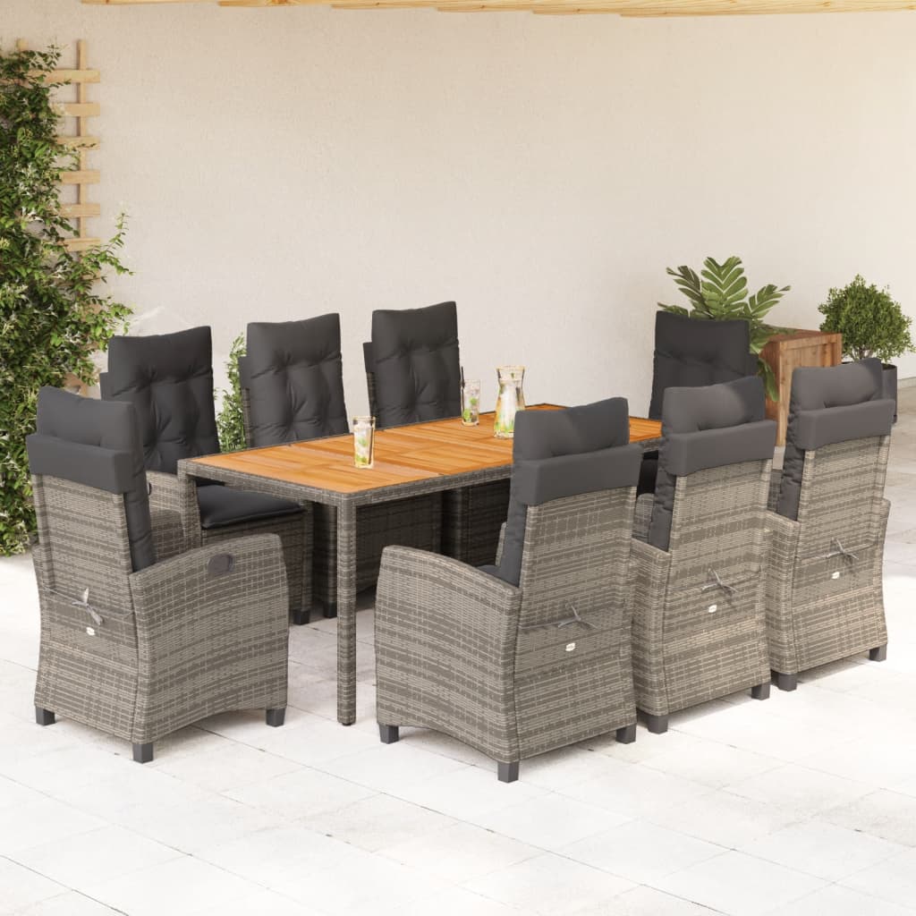 vidaXL 9-tlg. Garten-Essgruppe mit Kissen Grau Poly Rattan