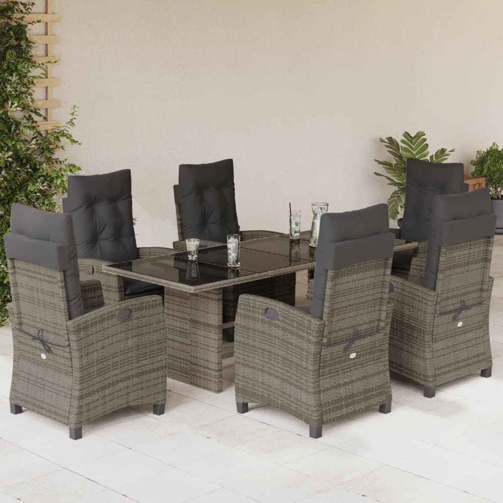 vidaXL 7-tlg. Garten-Essgruppe mit Kissen Grau Poly Rattan